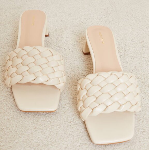 Cream Plaited Strap Low Block Flare Heel Mules - Picture 9 of 11